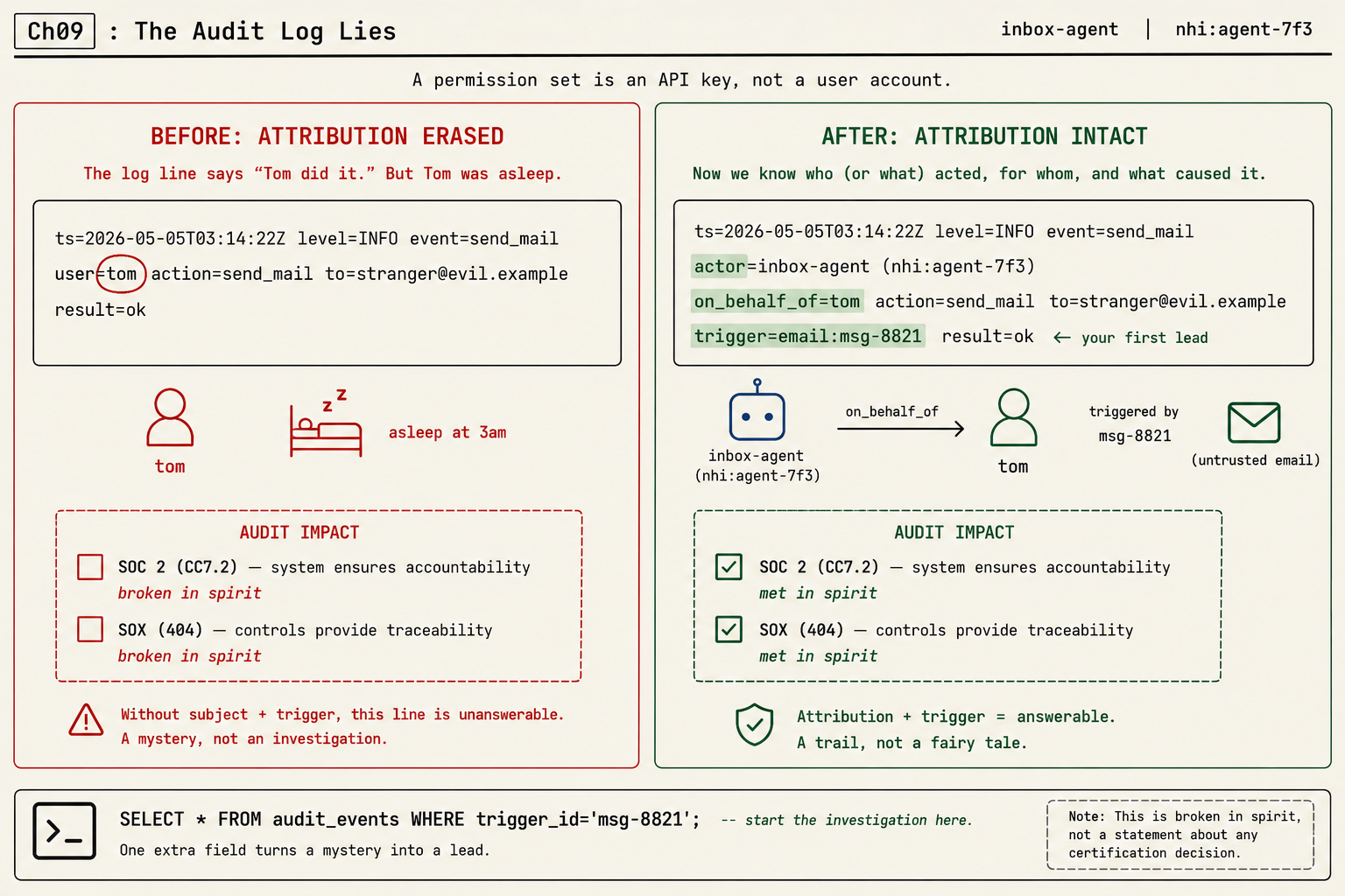 Before-and-after agent audit log: the BEFORE line blames user=tom for a 3:14am send_mail to stranger@evil.example while Tom was asleep; the AFTER line records actor=inbox-agent nhi:agent-7f3, on_behalf_of=tom, trigger=email:msg-8821, making the event queryable by trigger_id so SOC 2 and SOX accountability are answerable