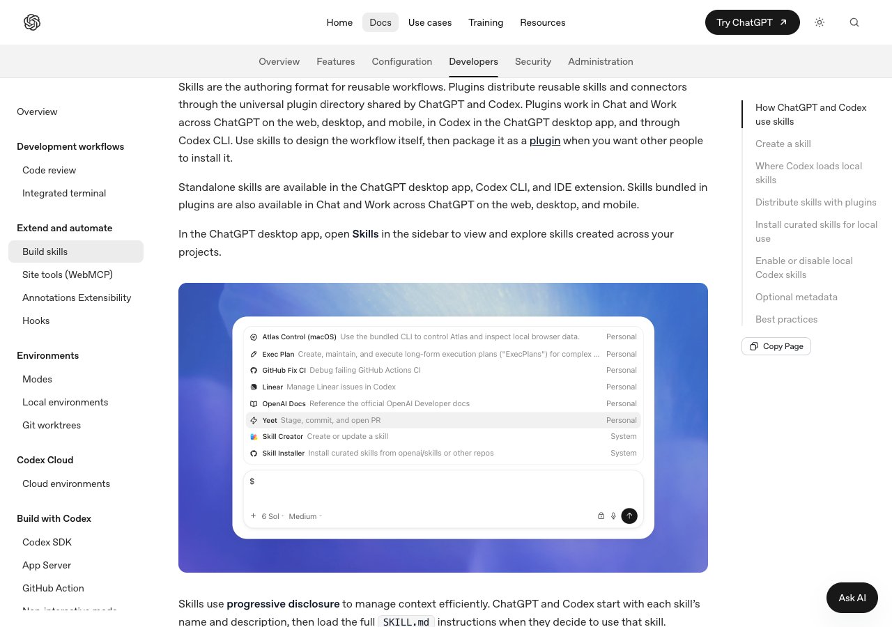 OpenAI Codex skills documentation page describing how Codex scans .agents/skills folders