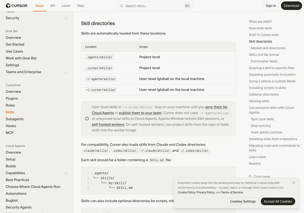 Cursor skills documentation listing .agents/skills and .cursor/skills plus the Claude and Codex compatibility folders