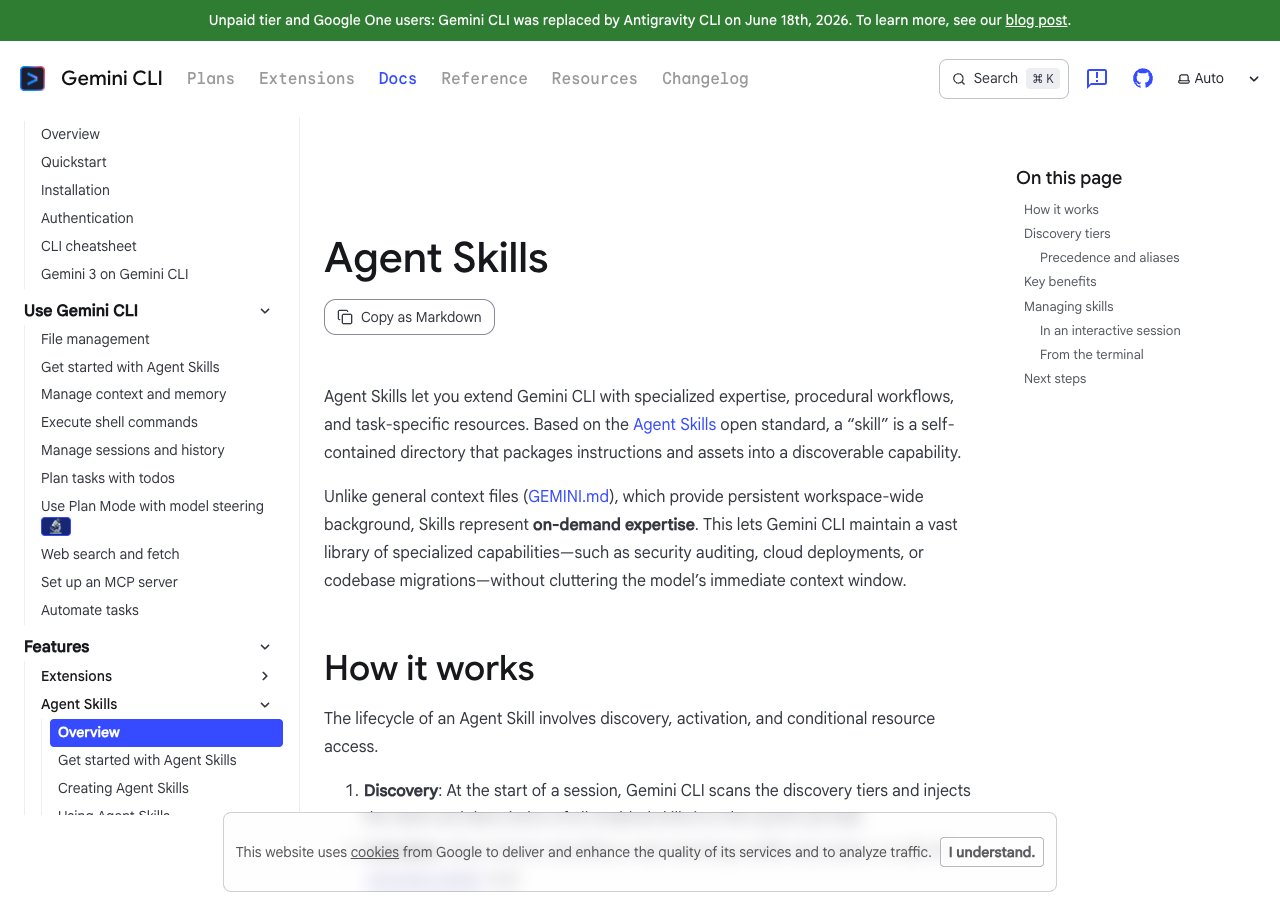 Gemini CLI agent skills documentation page with the Antigravity CLI banner at the top