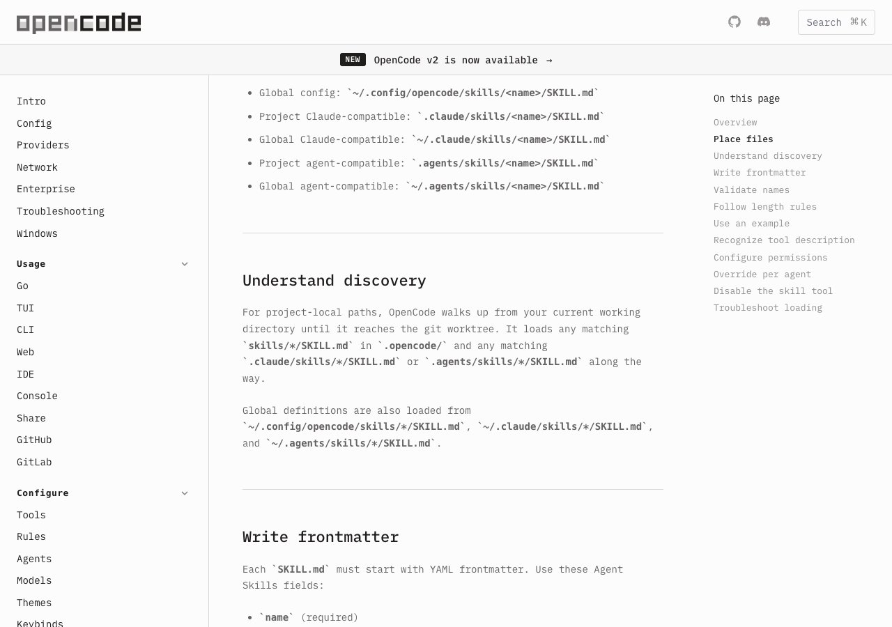 OpenCode skills documentation listing Claude-compatible and agent-compatible skill folders