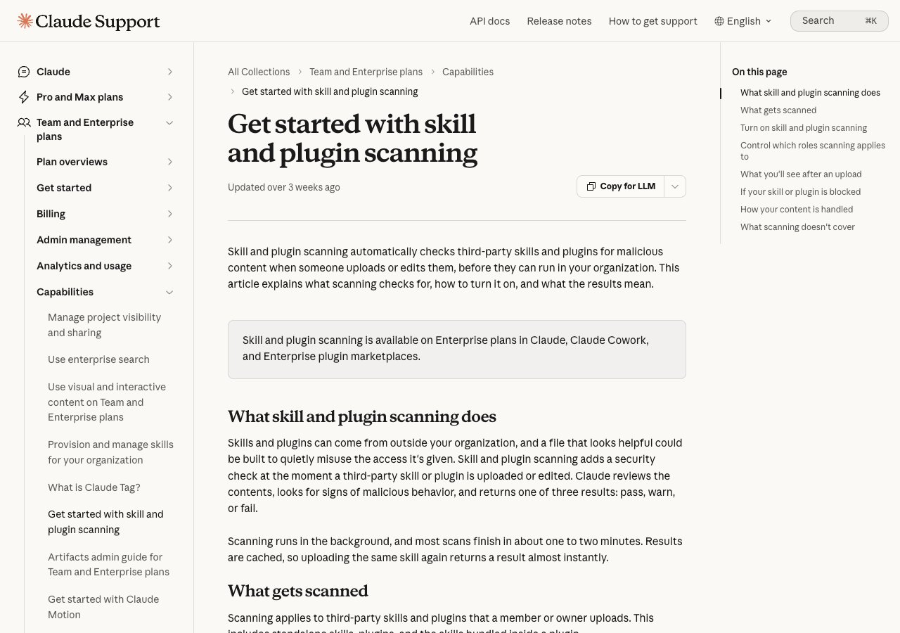 Claude support article Get started with skill and plugin scanning for Enterprise plans