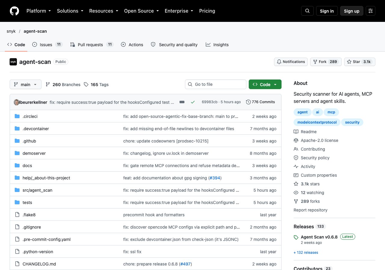 Snyk agent-scan GitHub repository, a security scanner for AI agents, MCP servers and agent skills