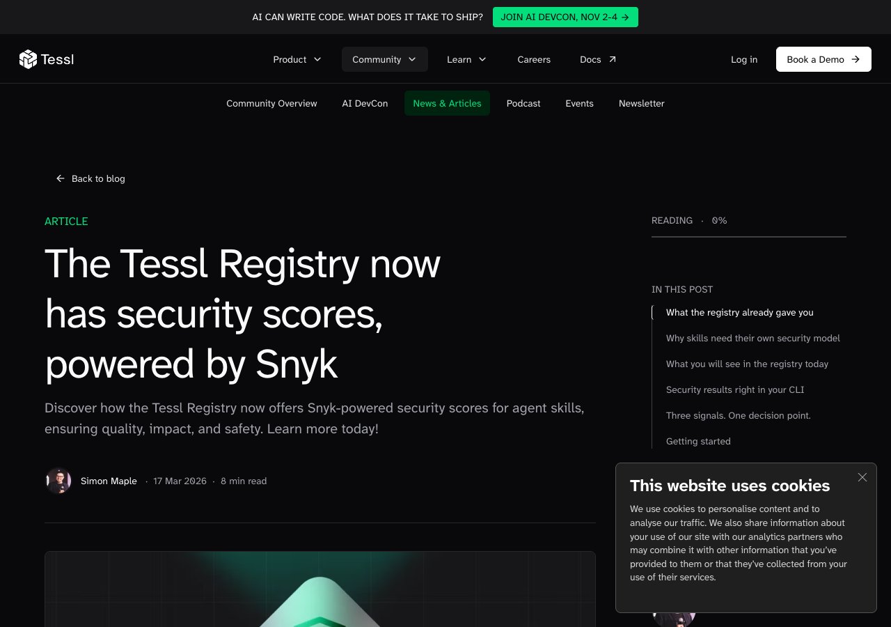 Tessl blog post announcing security scores powered by Snyk for every skill in the Tessl registry