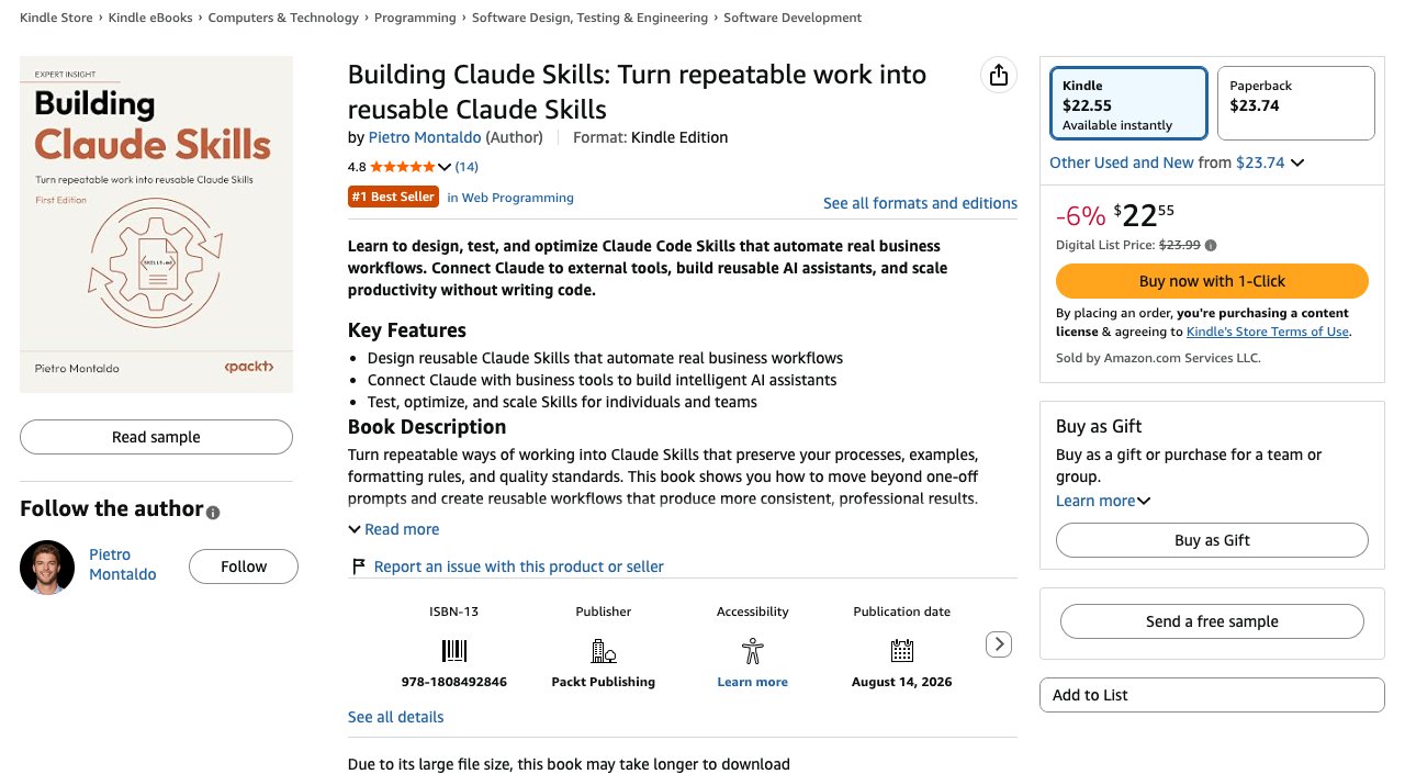 Amazon product page for Building Claude Skills by Pietro Montaldo from Packt Publishing, Kindle edition