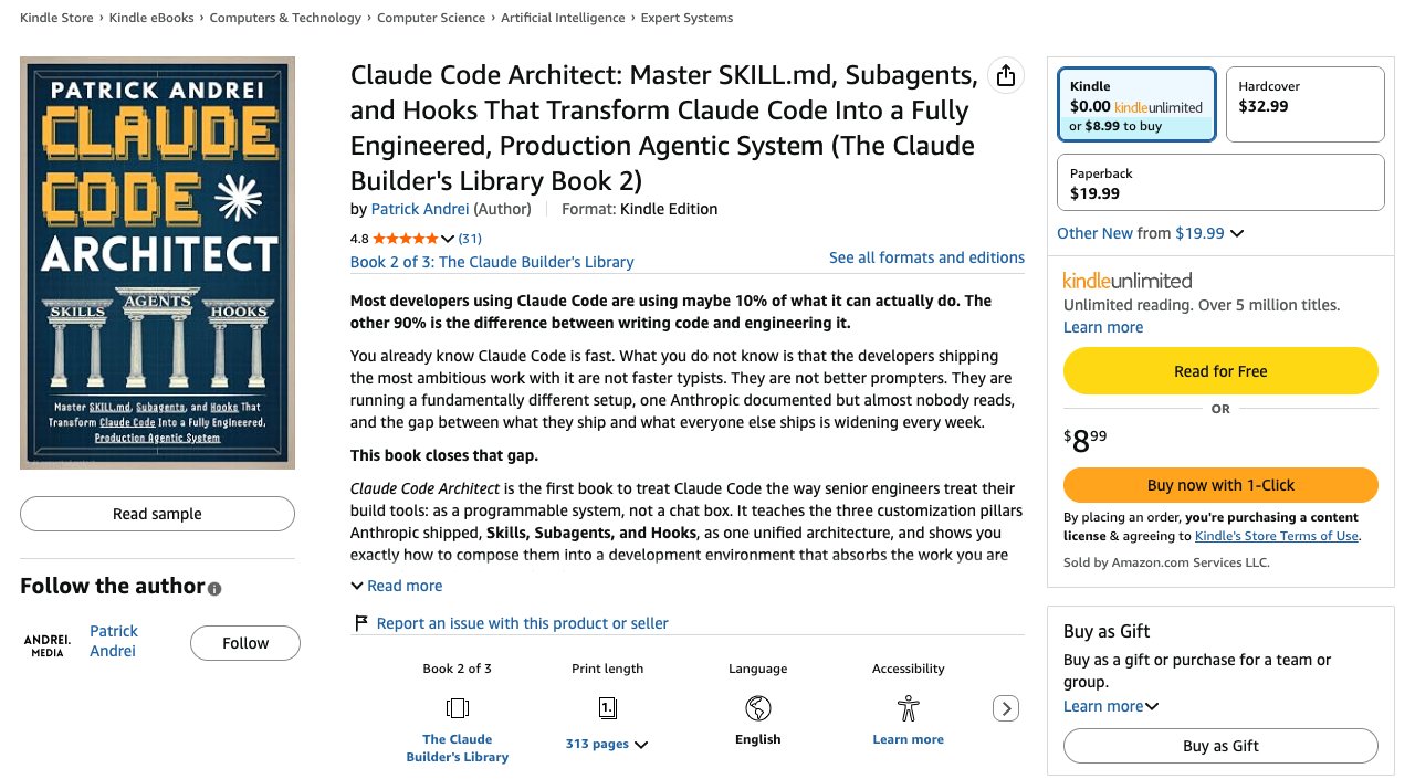 Amazon product page for Claude Code Architect by Patrick Andrei, master SKILL.md subagents and hooks