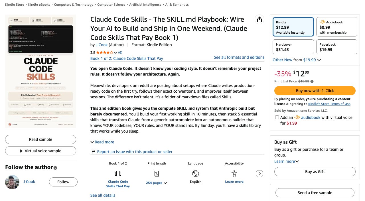 Amazon product page for Claude Code Skills The SKILL.md Playbook by J Cook, book 1 of the series