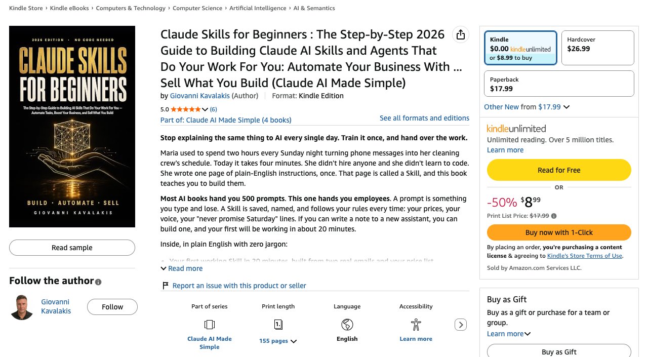 Amazon product page for Claude Skills for Beginners by Giovanni Kavalakis, free with Kindle Unlimited