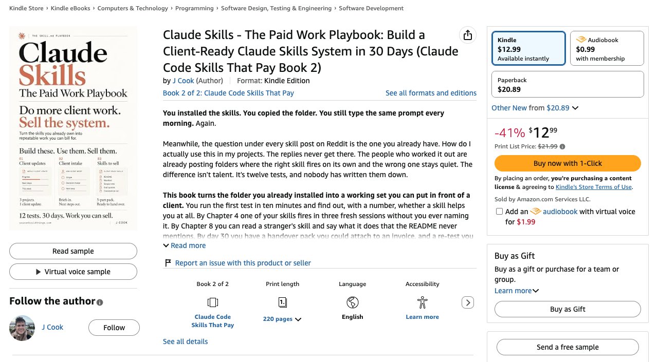 Amazon product page for Claude Skills The Paid Work Playbook by J Cook, Kindle edition at 12.99