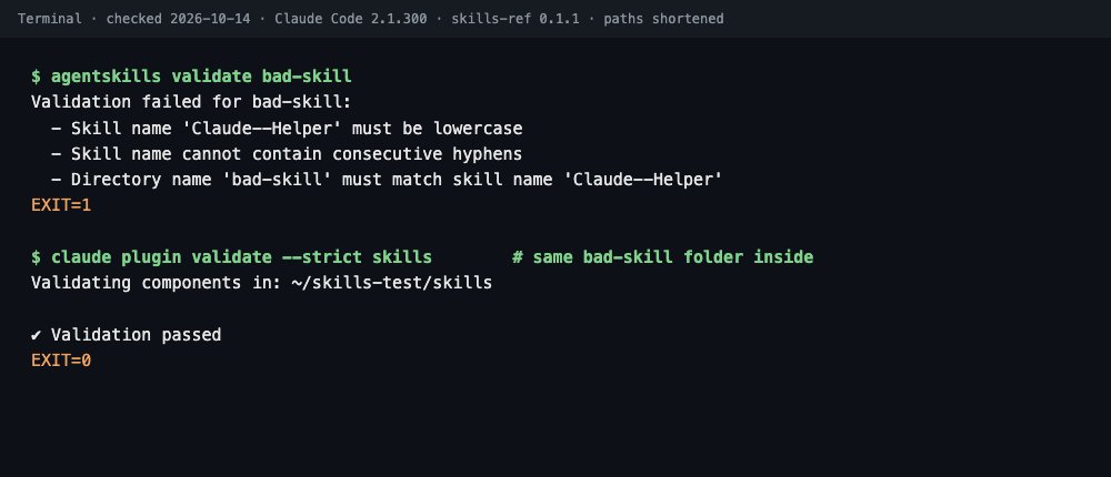 Terminal output showing agentskills validate exits 1 with three named errors while claude plugin validate --strict passes the same skill with exit 0