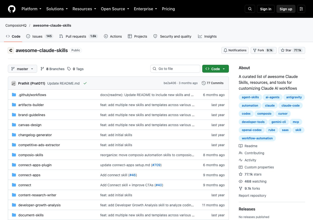 ComposioHQ awesome-claude-skills GitHub repository with hundreds of app automation skills