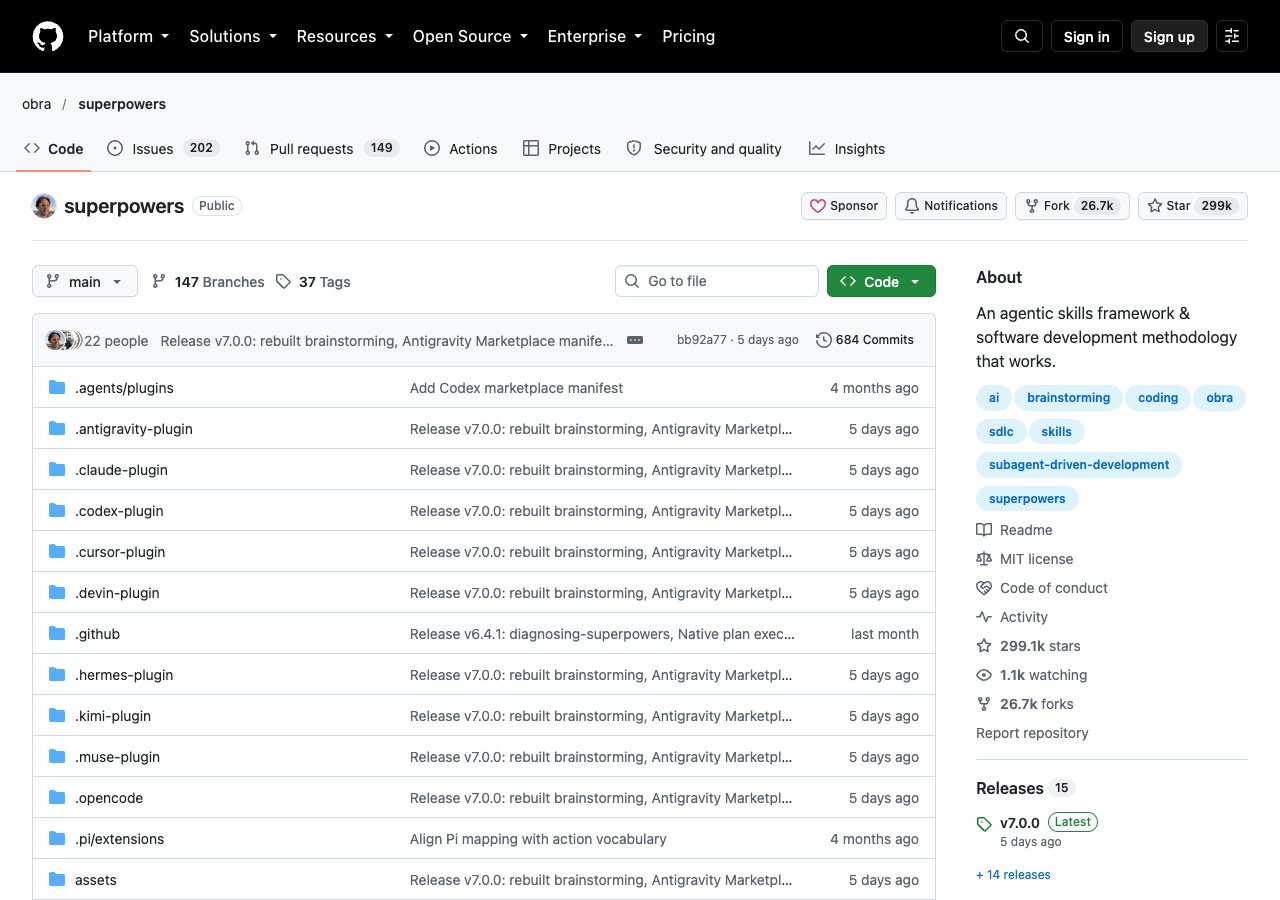 obra superpowers GitHub repository, an agentic skills framework with 15 skills