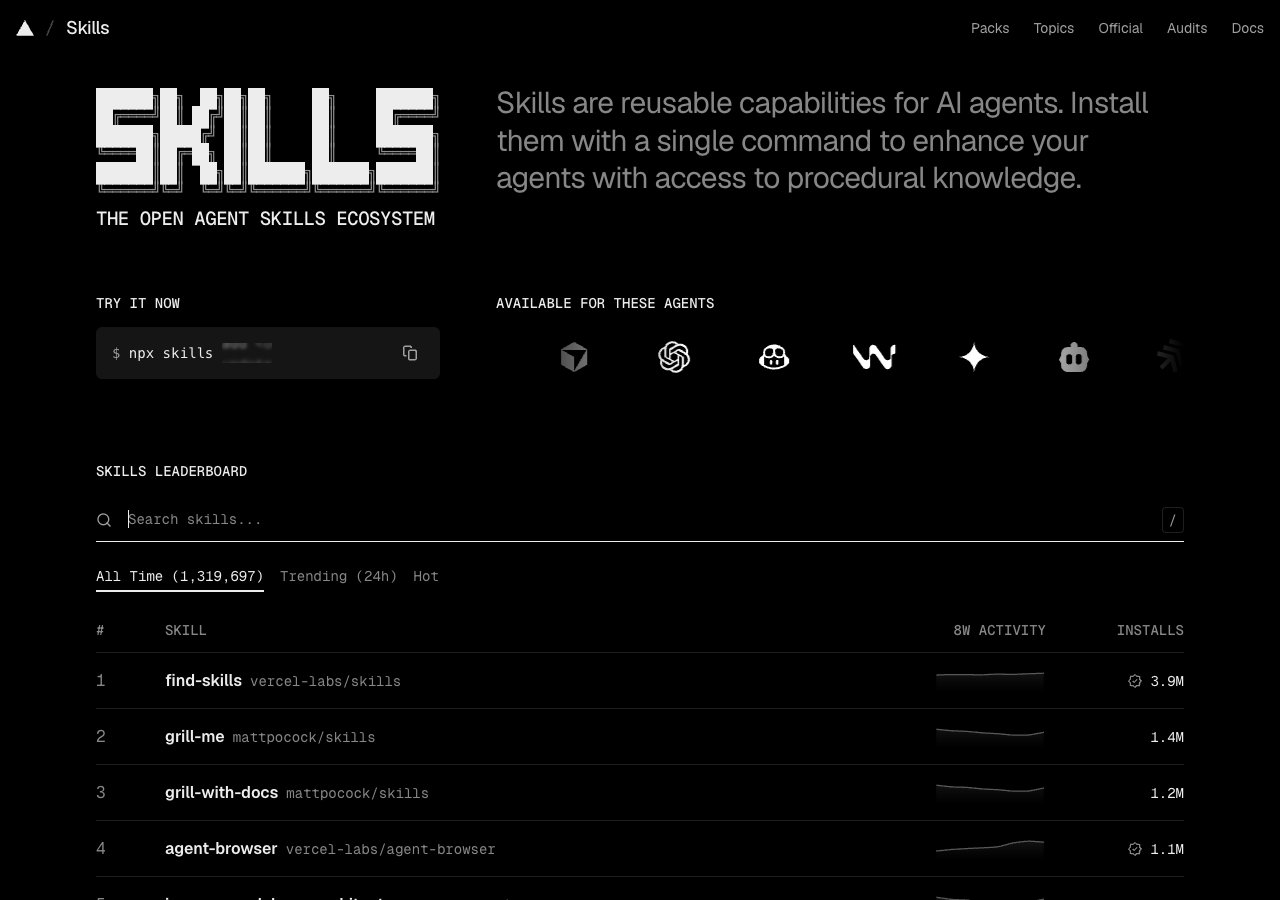 skills.sh all time leaderboard of agent skills ranked by installs through the skills CLI
