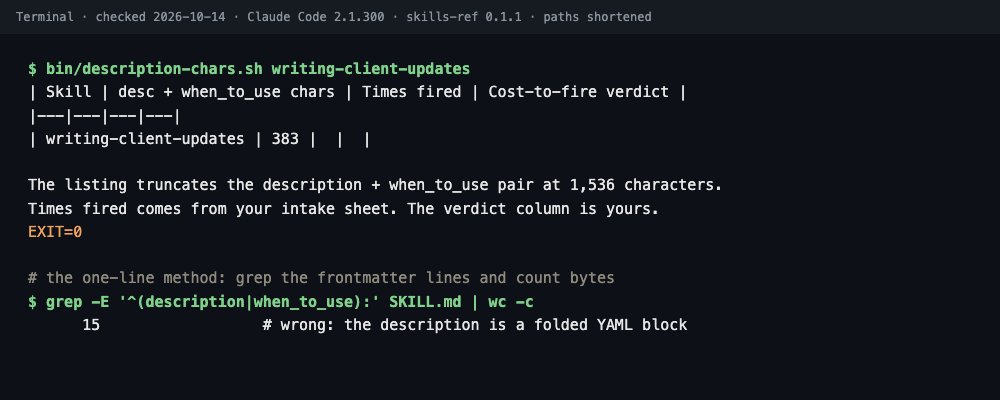 Terminal output of the companion repo description-chars.sh script measuring 383 characters for the writing-client-updates skill