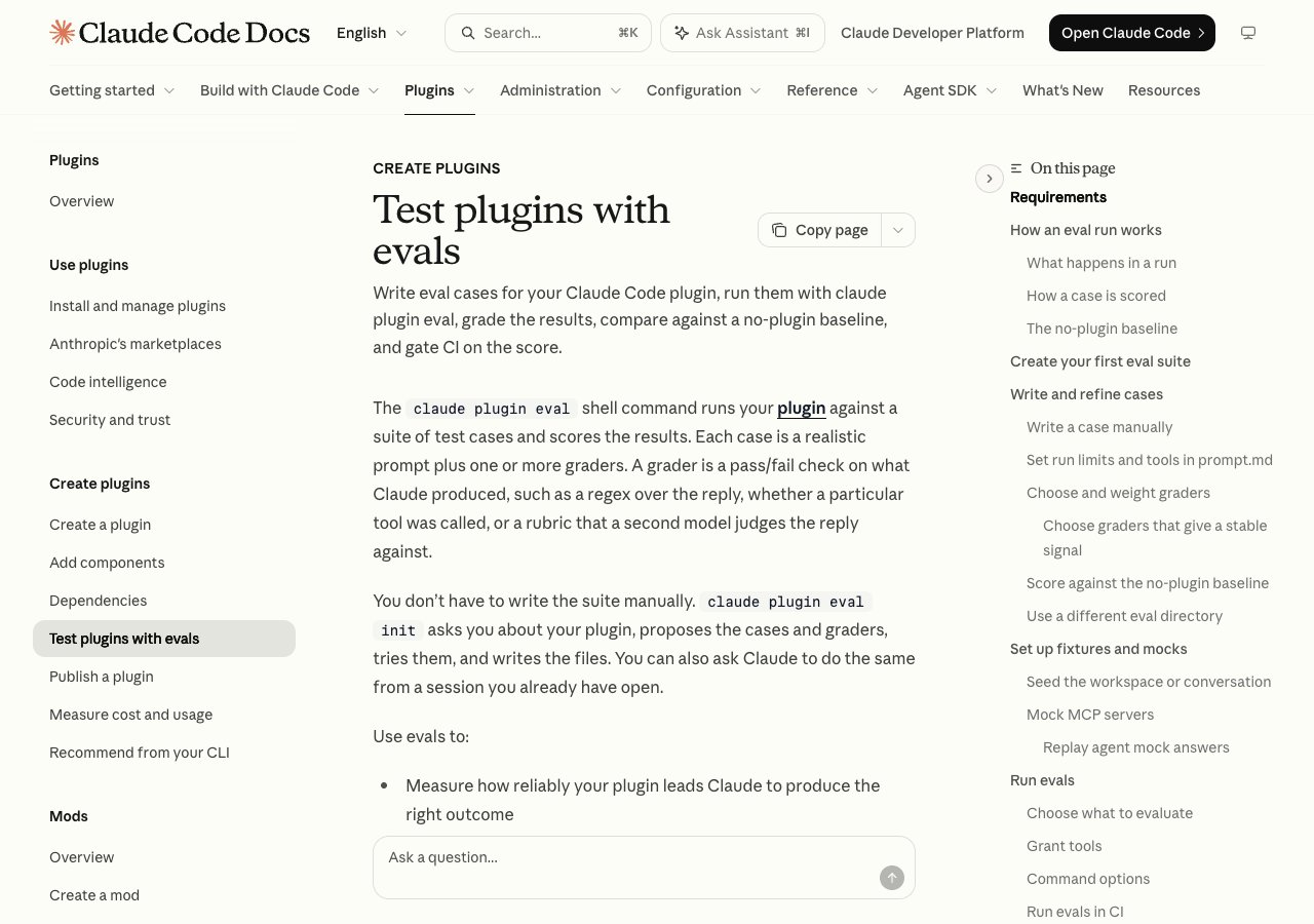 Claude Code documentation page Test plugins with evals describing claude plugin eval