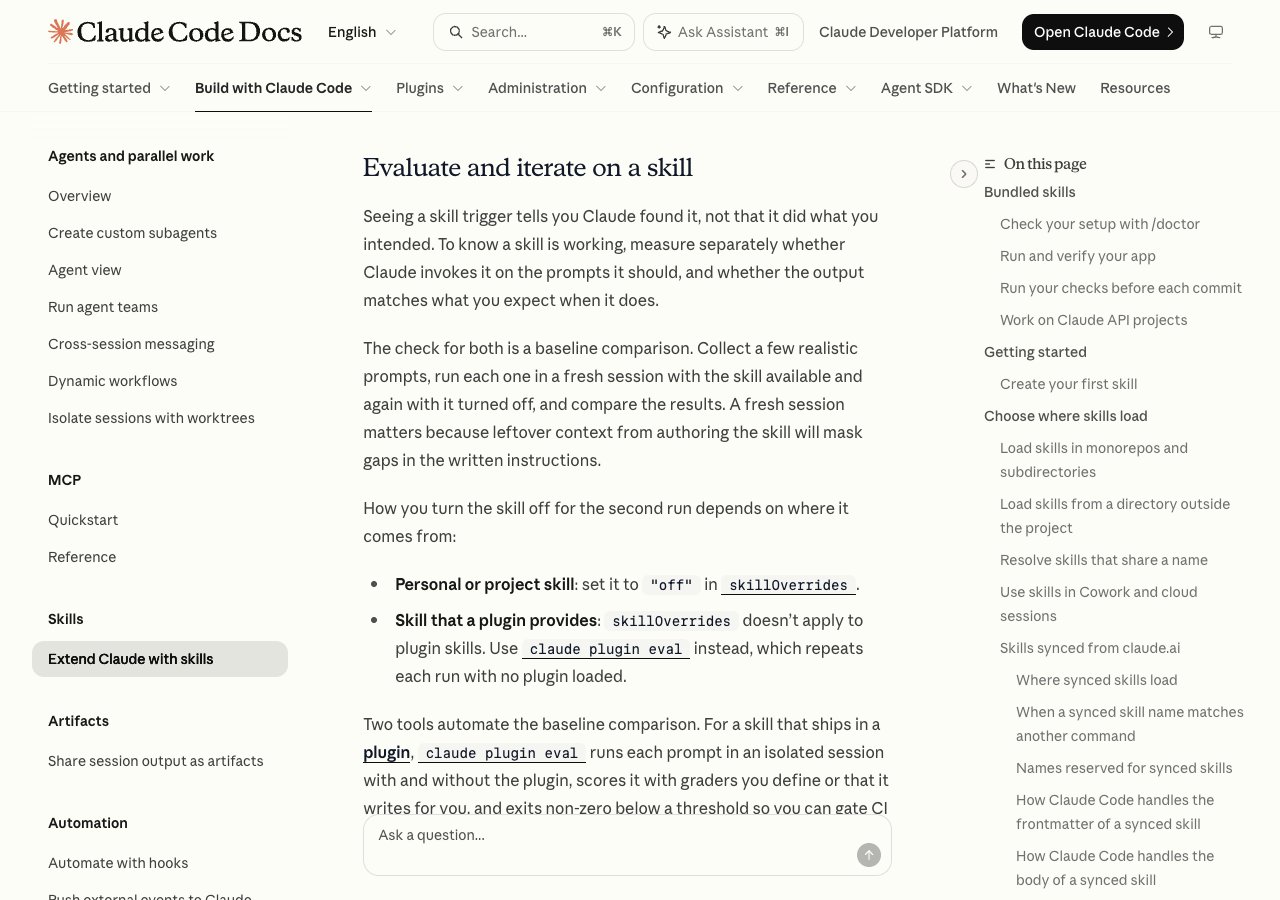Claude Code skills documentation section on running evals with the skill-creator plugin