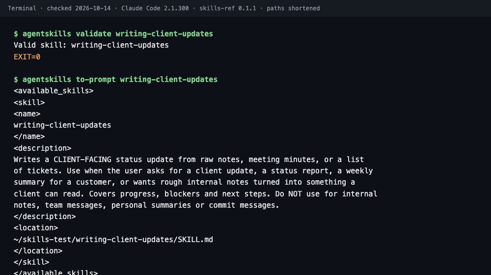 Terminal output of agentskills to-prompt printing the available_skills block the model reads for a skill