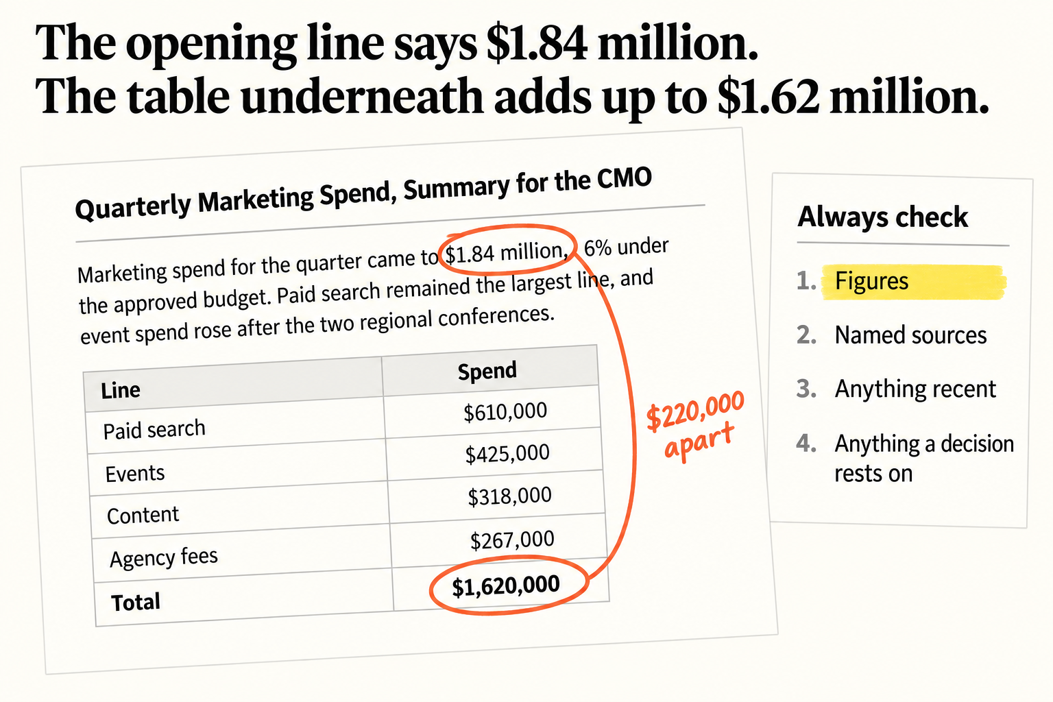 A Claude-style quarterly marketing spend summary for the CMO whose opening line says $1.84 million while its table of paid search $610,000, events $425,000, content $318,000 and agency fees $267,000 adds up to $1,620,000, $220,000 apart, beside an always-check list: 1 figures, 2 named sources, 3 anything recent, 4 anything a decision rests on